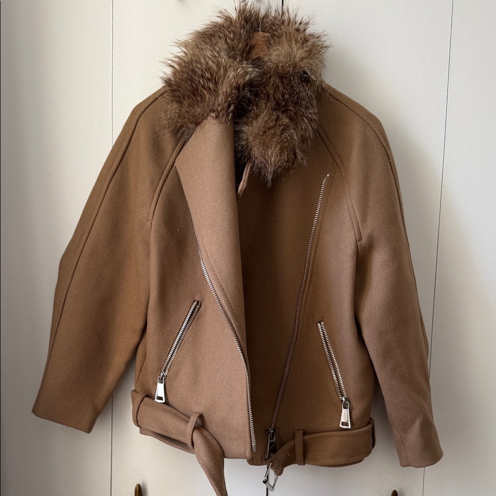 H&M Tan Teddy Jacket with Faux Fur Collar